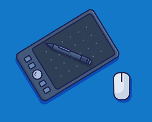 On a Blue background, a Wacom and a mouse.